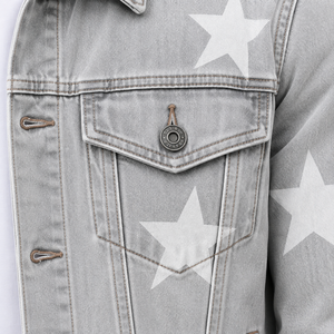 <b>Men's</b> Light Gray <b>Denim</b> <b>Jacket</b> Star Print Turn-down Collar Casual Washed Cotton Regular Sleeve Single Breasted - Product Image 4