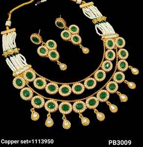 Oval Shape Beautiful Elegant Kundan Studded & Pearl Studded Dangle Gold Plated Copper <b>Wedding</b> <b>Jewellery</b> With Earrings Womens - Product Image 2