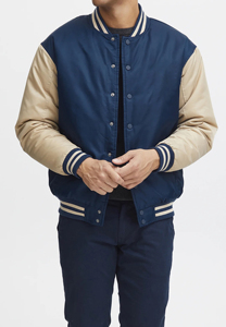 Veste de baseball classique pour homme, sur mesure, de qualité supérieure, OEM, bleu avec manches contrastées beiges, style universitaire. - Product Image 2