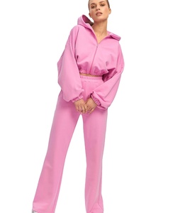 Meilleure vente Survêtements pour femmes Hauts à fermeture éclair avec ensembles de pantalons Sweat-shirt en molleton Survêtement de couleur unie pour femmes Deux pièces - Product Image 2