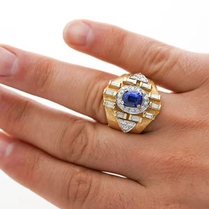 4.57ได้รับการรับรองจาก AGL แบบวินเทจไพลินกะรัตสีน้ำเงินและบาแกตต์เพชรเครื่องประดับแฟชั่นสำหรับผู้ชายและผู้หญิงแหวนเคลือบผิวด้าน - Product Image 1