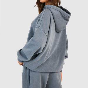 Sweat à capuche surdimensionné 100% coton pour femmes Vintage lavé couture détail sweats pour l'hiver court avant Logo 2 pièces ensemble pour l'automne - Product Image 2