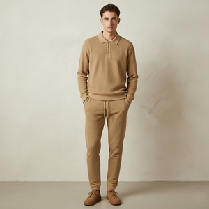 Ensemble de survêtement en coton gaufré lourd pour homme, beige sable, vintage, sweat à capuche ample, imprimé délavé à l'acide - Product Image 1
