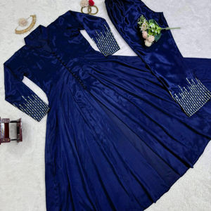 Trendy Chinon <b>Silk</b> Kurti and Pant Set with Potali Buttons <b>Thread</b> and Sequence Work Perfect for Festival Events and Parties - Product Image 1