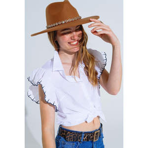 Camisa Blanca de Popelina con Cuello Polo y Mangas con Volantes para Primavera/Verano con Ribete Negro - Product Image 1