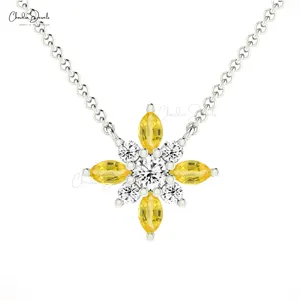 女性新设计天然黄色蓝宝石和白色钻石雪花链项链吊坠14k纯金精品珠宝供应商