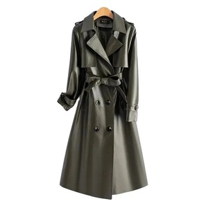 Veste longue en cuir noir pour femmes, veste coupe-vent en PU à manches longues printemps et automne - Product Image 5