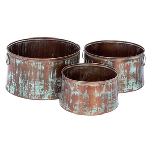 Ensemble de pots de fleurs de jardinière de décoration de jardin en métal galvanisé rond gaufré pour application extérieure et domestique - Product Image 1