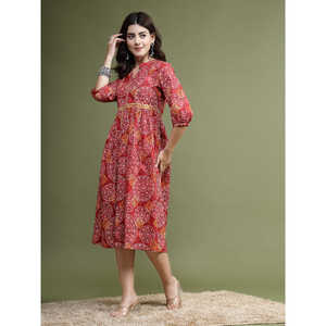 Vestido Midi Étnico de Algodón con Estampado Floral y Detalles de Espejo para Mujer, Color Granate, Talla XS, Transpirable, Ideal para Fiestas de Verano, Estilo Natural - Product Image 5