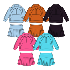 女の子用ヨガセット 新入荷 新デザイン 春 長袖 1/2ジップ プルオーバー ポケット付き プリーツスカート ショートパンツ内蔵 - Product Image 3