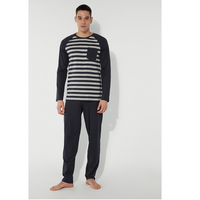 Conjunto de Pijama Casual de Verano para Hombre, 100% Algodón, Rayado, 180 GSM, Felpa Biowashed, Sin Mangas, Largo, Ropa de Dormir Sostenible y Cómoda