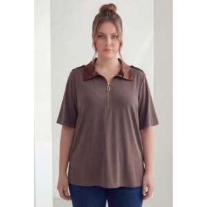 Blusa modal de talla grande con hombreras y cremallera, color marrón - Product Image 1