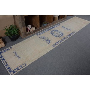 Tapis turc vintage 2.3x10 pieds Beige bleu grande surface laine Latex support motif abstrait pour adolescent couloir rectangulaire Design - Product Image 5