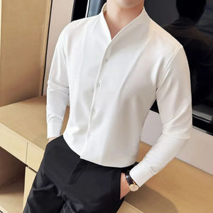Chemise à manches longues pour homme, col montant, design sexy, coupe ajustée, noir et blanc, haut de gamme - Product Image 1