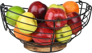 Cesta de fruta de metal de granja moderna para mostrador de cocina Alambre vintage y base de madera Frutero para decoración de cocina - Product Image 2
