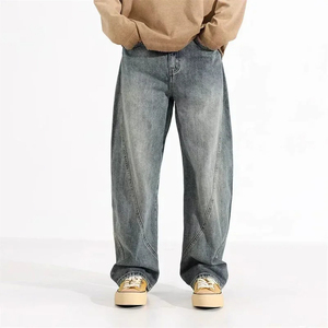 Jeans de mezclilla desgastados para hombres Gruesos y lisos estampados en negro con lavado ácido y bordado para jeans de mezclilla holgados crudos - Product Image 4