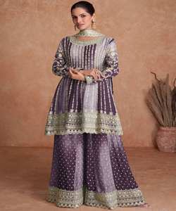 Nouvelle arrivée vêtements de saison Crape/Creepe Salwar Kameez avec des carreaux modernes et une séquence de travail Net Top Palazzo Dupatta - Product Image 3
