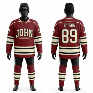 Maillot de hockey sur glace pour hommes, 260 GSM, maille en polyester de qualité supérieure, rouge, noir, crème, panneaux rayés, sublimation, nom et numéro personnalisés - Product Image 3