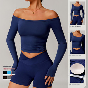 Ensemble de sport 2 pièces pour femme, personnalisé, vente en gros, sexy, sans couture, écologique, avec short et soutien-gorge, dos froncé en V, extensible et compressif - Product Image 5