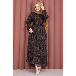 Vestido de Gasa Marrón con Estampado de Puntos, Cinturón en Capas, Cintura Imperio, Silueta en A Modesta - Product Image 5