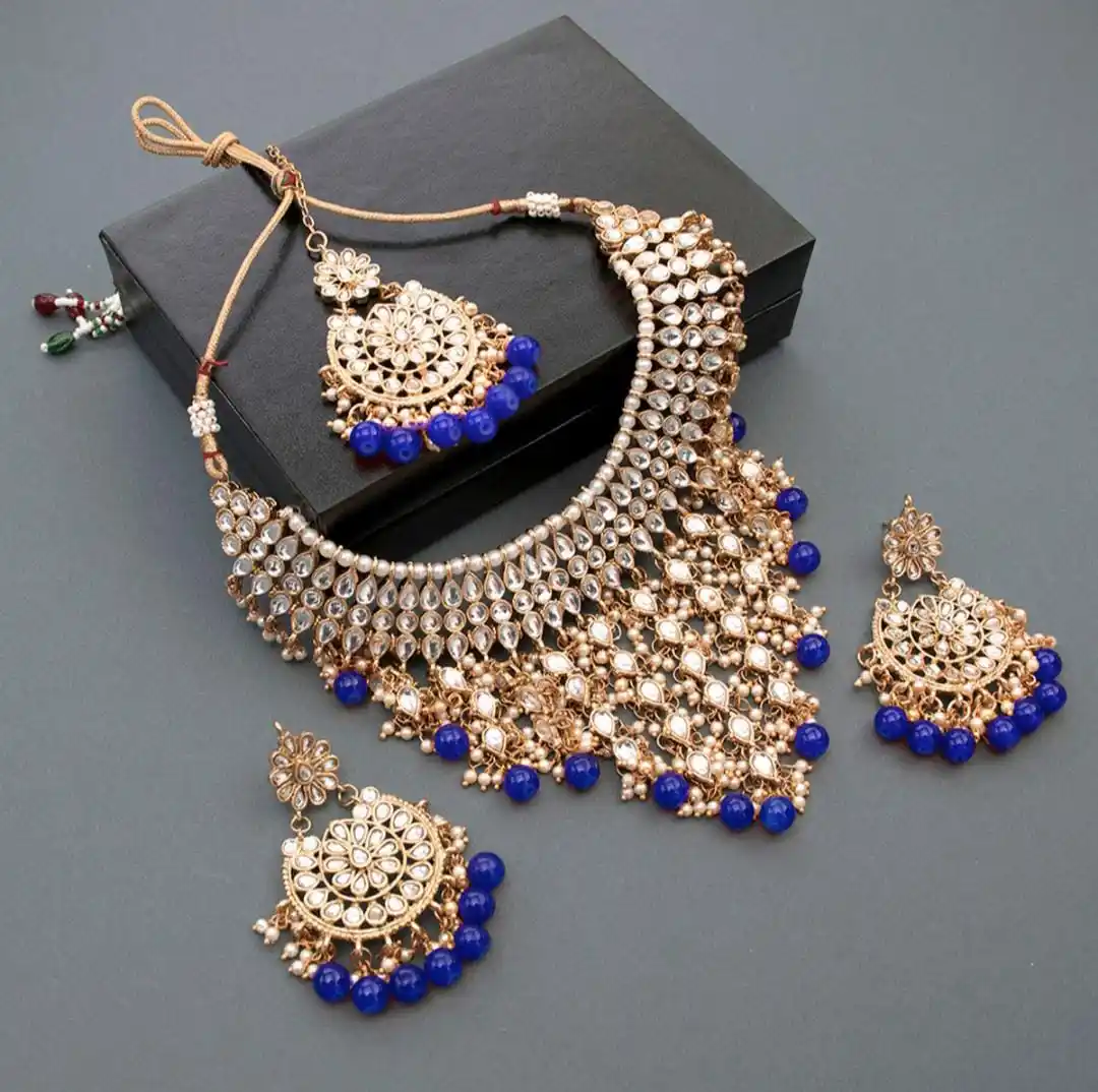 Indian bollywood Best Designer Antique Stones Clustered Pearl High Gold Polish Fancy Style Choker Necklace Set Made In India