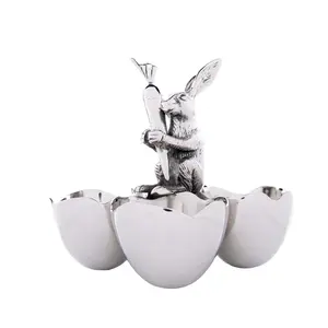Set mangkuk kelinci tiga kompartemen dengan hiasan perak, mangkuk makan hewan peliharaan Dekorasi Rumah permen logam dan mangkuk kacang