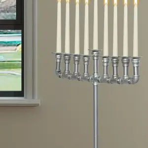 Industrial Galvanized Antique Silver Metal Pipe <b>Hanukkah</b> Menorah Home <b>Decor</b> Candle Holder - Product Image 6