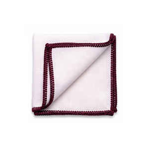 Pochette de costume en lin blanc avec bordure tricotée à la main bordeaux, 100% naturelle, accessoire pour homme - Product Image 6