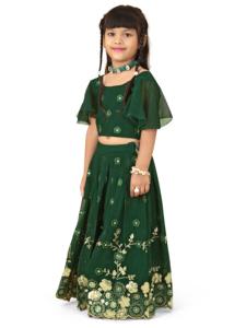 Shoryam - Lehenga Choli Tradicional Verde para Niñas, Mangas con Vuelo, Lentejuelas, Diseño Floral, Ropa Cultural India para Fiestas - Product Image 4