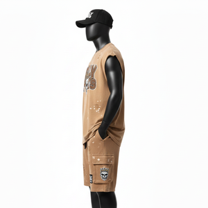 Ensemble t-shirt sans manches et short pour homme, jersey de coton lourd 180 GSM, durable, lavé, marron, streetwear, logo imprimé à l'écran - Product Image 3