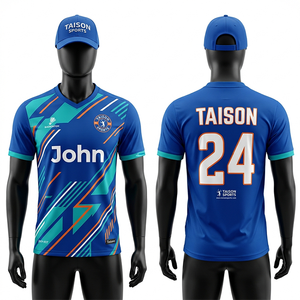 เสื้อแบดมินตันพรีเมียม 150 GSM โพลีเอสเตอร์ สำหรับผู้ชาย สีน้ำเงิน เขียว ส้ม ลายเรขาคณิต แบบซับลิเมชั่น สกรีนโลโก้ได้ - Product Image 1