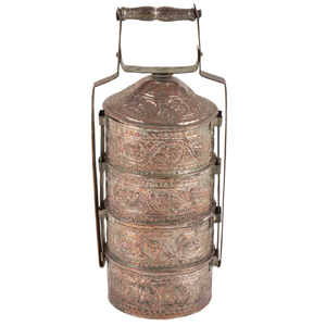 Classic Two-Tier Brass <b>Lunch</b> <b>Box</b> <b>Marvelous</b> Design Printed Round Shape Copper Picnic Tiffin with Handle Wholesale - Product Image 2