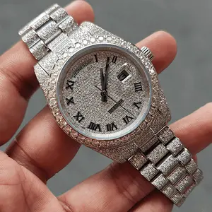 New Fashion Steel Band Wristwatch Luxury Full Diamond Surface Three-eye Roman Number Men Hip Hop Quartz watch