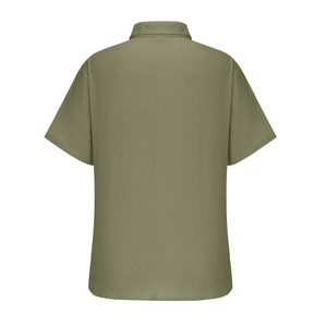 Diseño de logotipo personalizado OEM 100% Lilen Camisa de manga corta de color verde profundo sólido de ajuste regular para hombre Cuello vuelto Antiarrugas - Product Image 4