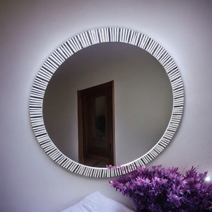 Miroir en verre artisanal écologique, moderne et élégant, bleu et blanc, incrusté de os, décoration d'intérieur, cadre rond, motif abstrait - Product Image 4