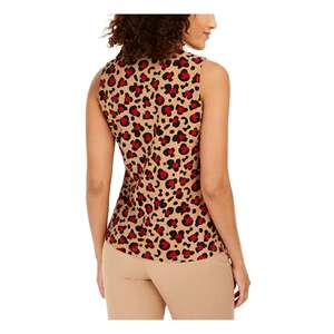 Top traspirante da donna Anne Klein marrone con stampa leopardata, scollo a V, manica corta, taglia media - Product Image 2