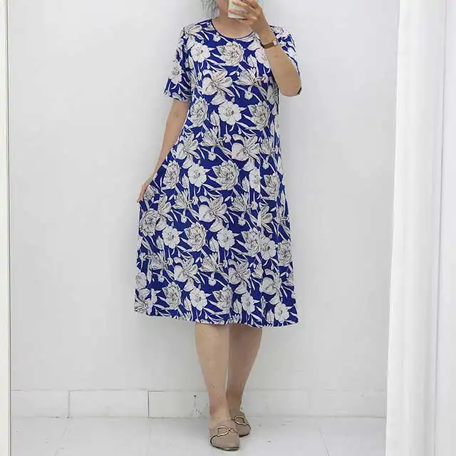 कोरिया वोनम की समर मिडी ड्रेस कूल होम वियर ब्लू फ्लावर पैटेंड राउंड नेक स्पैन प्रिंट कपड़े फैशनेबल महिला स्टाइल