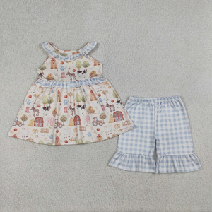 Ensemble d'été pour bébés filles RTS, hauts à volants bleus avec nœuds et fleurs, shorts à volants - Product Image 2
