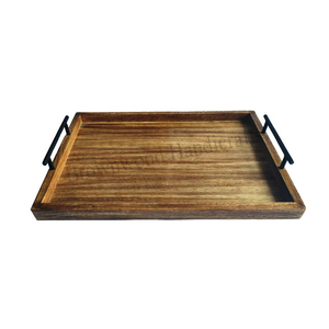 Bandeja de servicio de madera de forma rectangular con acabado de madera natural de calidad superior con asas de metal para servicio de hoteles y restaurantes - Product Image 1