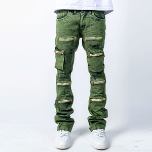 <b>Mens</b> <b>Green</b> Stacked Jeans Fashion Streetwear Multi Zipper Design Slim Fit Casual Denim Pants Stylish Modern <b>Trousers</b> OEM ODM - Product Image 1