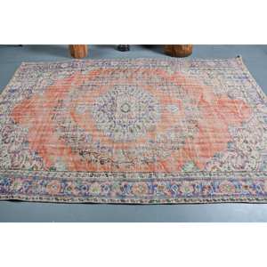 Tapis Turc Vintage 5.8 X 8.8ft Orange Bleu Patchwork Design Laine Matériel Latex pour Entrée Couloir Abstrait 9x12 Rectangle - Product Image 3