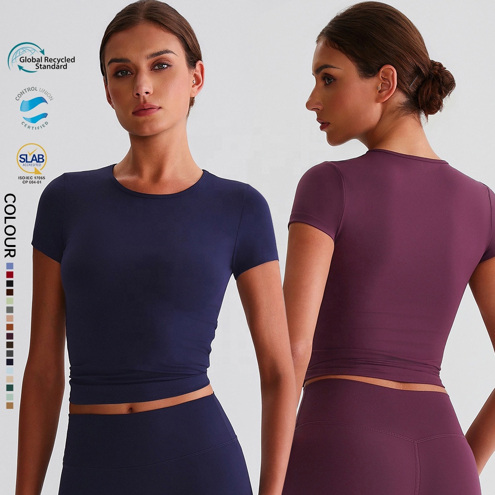 SHINBENE Recycled Polyester Crew Neck Crop Tops Sports Bras Sustainable Basic Slim Fit Workout Yoga T-shirt