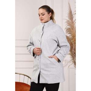 RMG Plus Size Gray Wool Blend Style Coat with Elegant Sleeve Details for Women, <b>Warm</b> Winter Outerwear Collection - Product Image 4