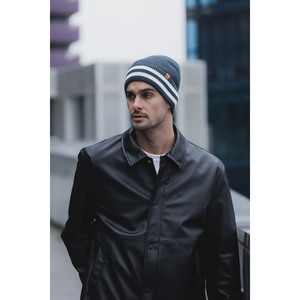 Gorro básico azul marino para hombre, gorro suave informal de punto acrílico a rayas dobles, prendas de punto con goma Flexible - Product Image 2