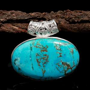 Turquoise Pendentif Pierre Précieuse Pendentif Bijoux Allemand Argent Forme Ovale Bleu Vintage Design DIY Lunette Turquoise Pendentif - Product Image 3