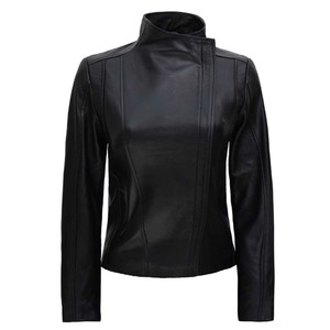 Genuine Sheep Skin Leather <b>Quilted</b> Varsity <b>Jacket</b> for Women in Black Solid <b>Pattern</b> Long Sleeves Zipper Pocket Plain Dyed Autumn - Product Image 1
