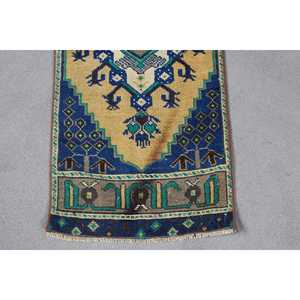 Alfombra Turca de 1.4x3.6 pies, Alfombra Pequeña Vintage, Alfombra Persa Azul y Amarilla - Product Image 4