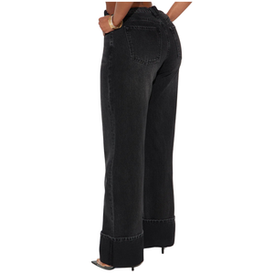 Vaqueros negros de mezclilla de pierna ancha para mujer, de corte medio, casuales, de longitud completa, holgados, transpirables, de secado rápido, estilo vintage, lavados, con costuras rectas y dobladillos. - Product Image 2