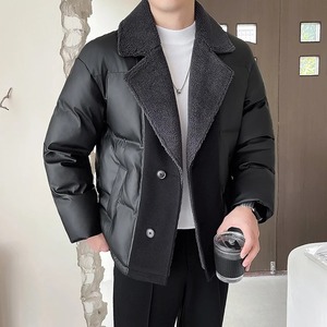 Men's Winter <b>Cotton</b>-<b>Padded</b> Jacket Loose Faux Fur Collar Splice Business Casual Streetwear Leather Parka Fabric Puffer Jacket - Product Image 3