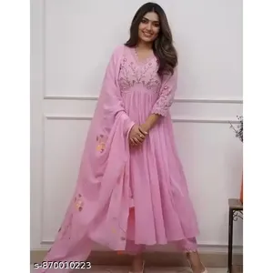 <b>Women's</b> Pink Rayon Abstract Print Embroidered Anarkali Style <b>Kurta</b> Pant Dupatta Set Indian/Pakistani Festive Ethnic Choli - Product Image 1